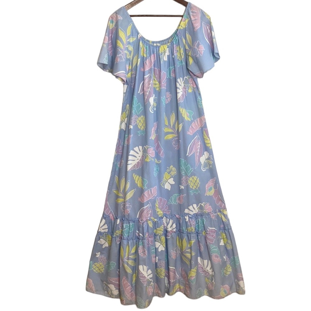 Hawaiian Muumuu Womens XL Blue Pink Yellow Short Sleeve Maxi Summer Dress
